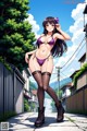 A woman in a purple bikini and stockings walking down a street.