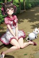 A girl in a school uniform sitting on the ground next to a white cat.