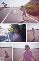 A collage of photos of a woman running on a road.