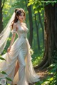 A woman in a wedding dress standing in the woods.