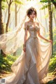 A woman in a wedding dress standing in the woods.