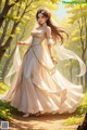 A woman in a wedding dress walking through a forest.