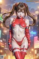 A woman in a red latex outfit standing in the middle of a city.